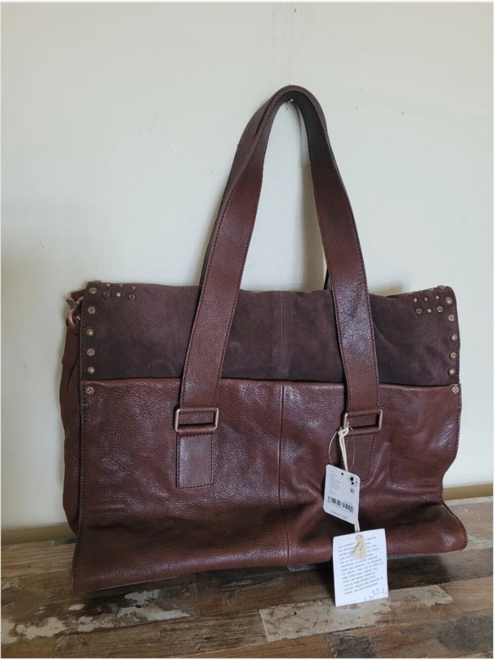 Free People Brown Distressed Leather Studded Satchel Crossbody Bag Boho Shoulder - Picture 9 of 10